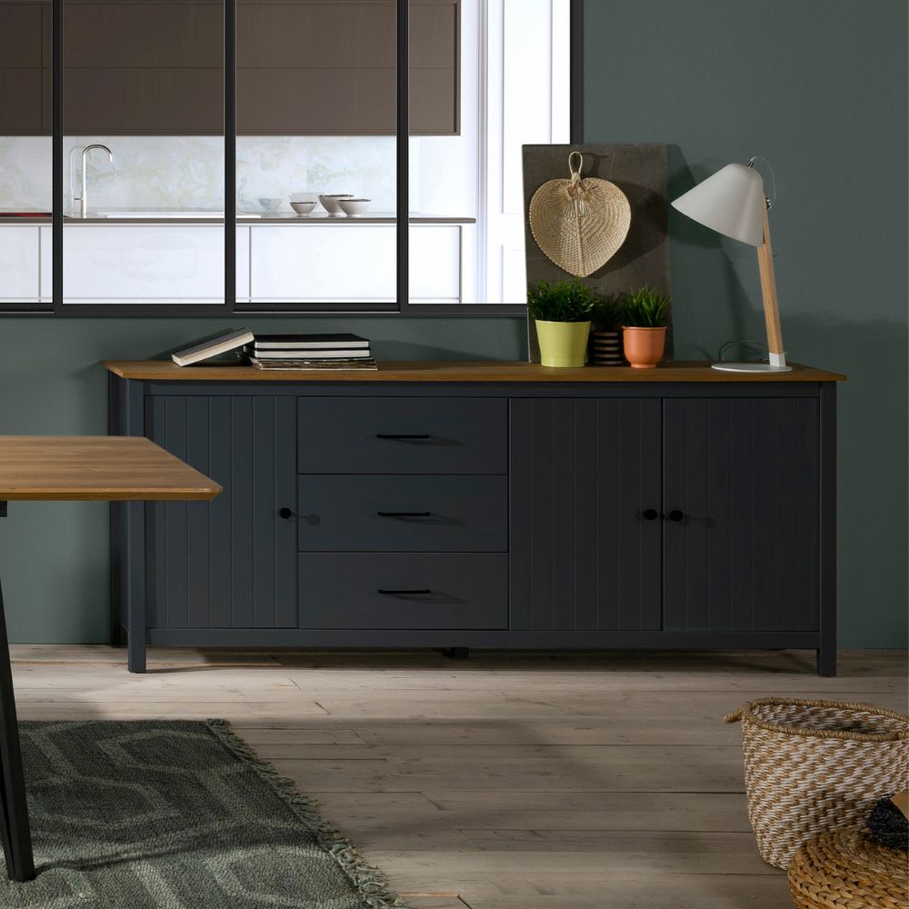 Credenza in legno massiccio colore blu e pino 191x40x80H Miranda