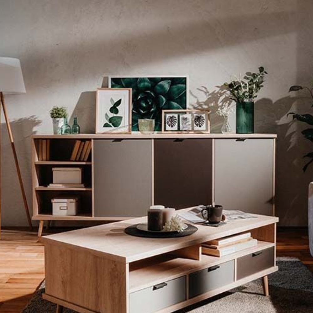 Madia in legno 209,6x88,3h cm con tre ante e vano a giorno colore rovere, antracite e grigio - Epik 56
