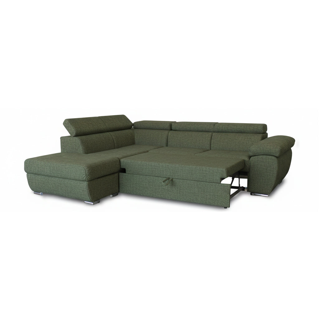 Divano letto angolare con penisola sinistra e pouf contenitore verde oliva Fiona