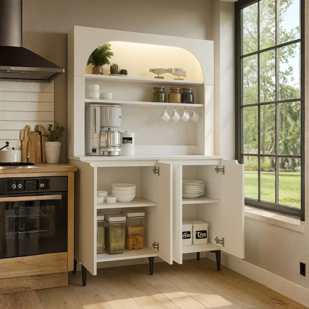 Credenza 4 ante, mensole a giorno e angolo caffè colore bianco Melinta