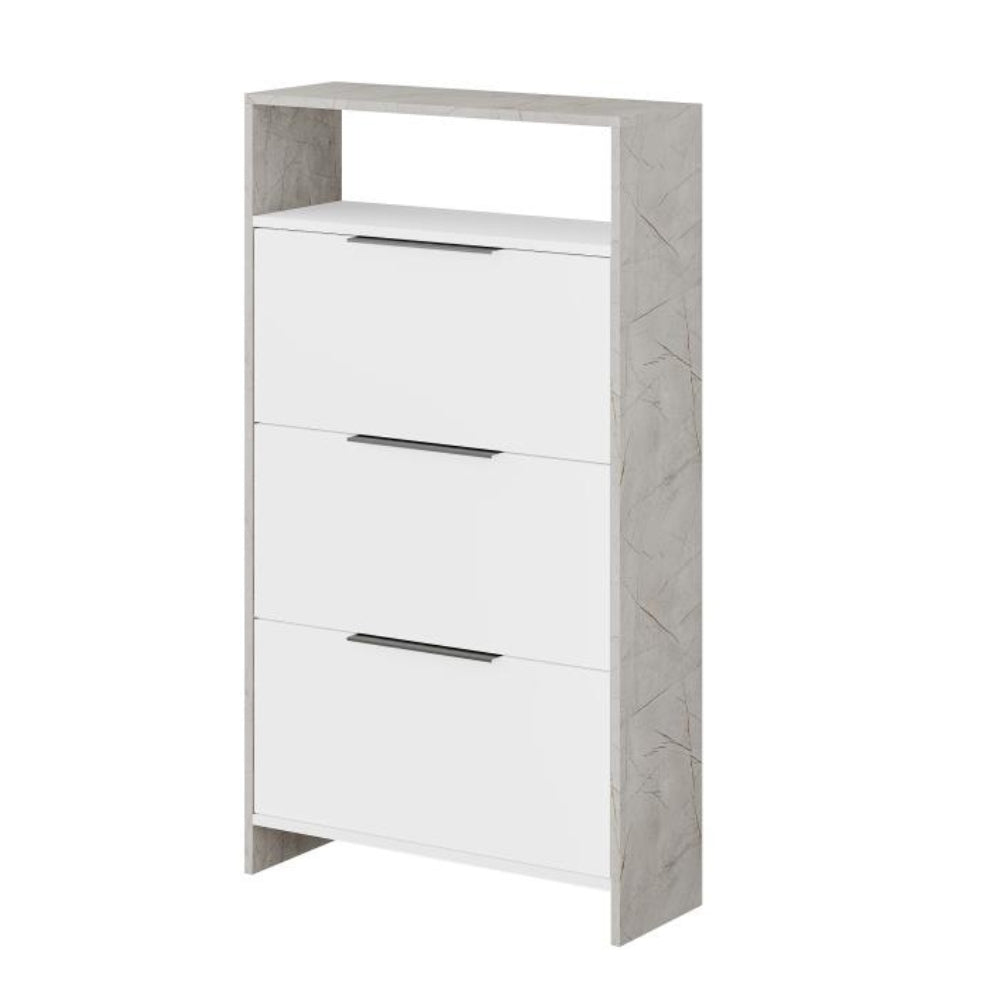 Schuhschrank 78x139,2h cm mit 3 Klapptüren in Weiß und Korpus in grauer Marmoroptik - Kaju