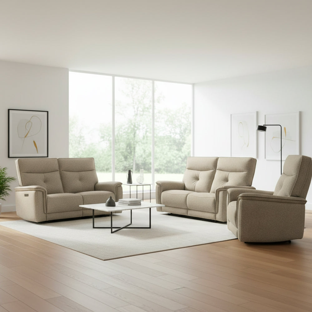 Set divani recliner elettrici 3 posti + 2 posti + poltrona recliner tessuto sabbia Elysio
