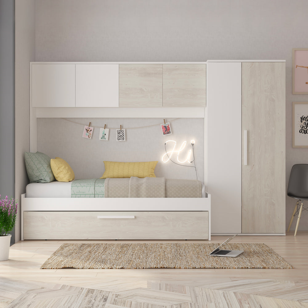 Brückenbett mit Ausziehbett und Kleiderschrank in Used-Weiß und Weiß