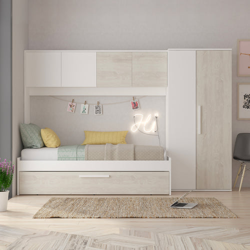 Cameretta a ponte con letto estraibile e armadio colore bianco consumato e bianco