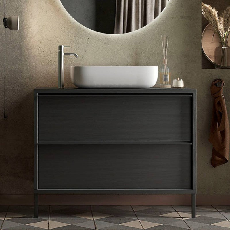 Mobile bagno nero frassinato con cassetti e lavabo appoggio incluso 105x78H cm - Nesto