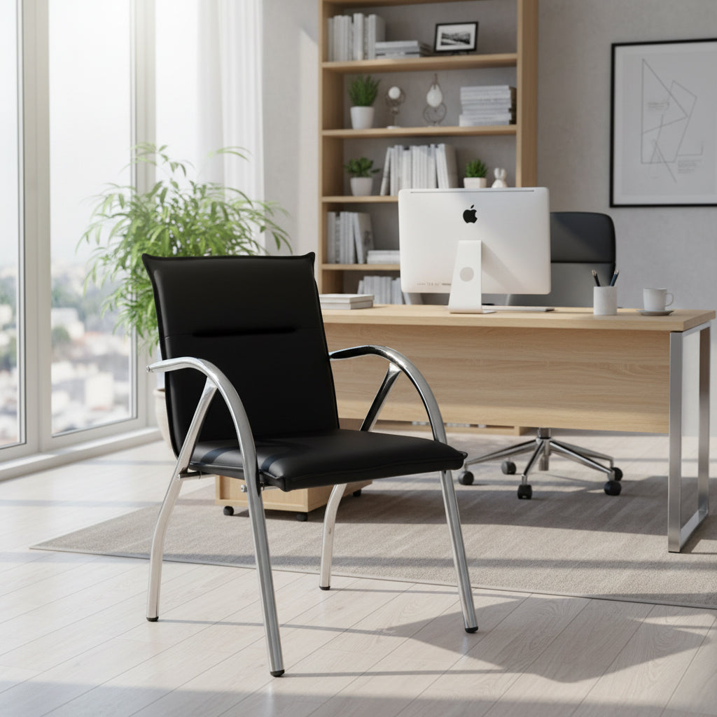Sedia ufficio in ecopelle nera con base cromata Karisma