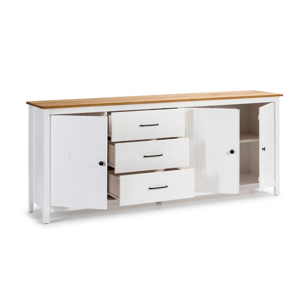 Credenza in legno massiccio con 3 ante e 3 cassetti colore bianco e pino 191x40x80H cm - Vanda
