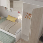 Brückenbett mit Ausziehbett und Kleiderschrank in Used-Weiß und Weiß