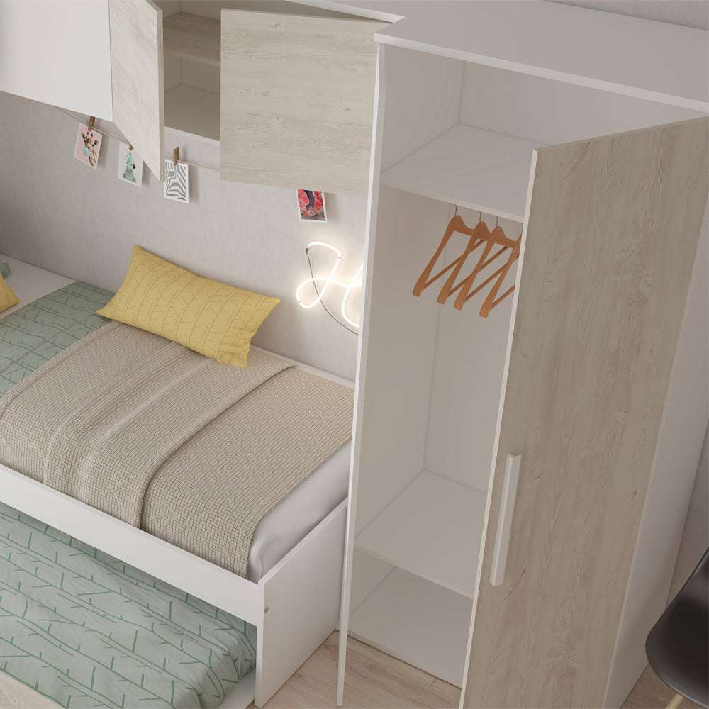 Brückenbett mit Ausziehbett und Kleiderschrank in Used-Weiß und Weiß
