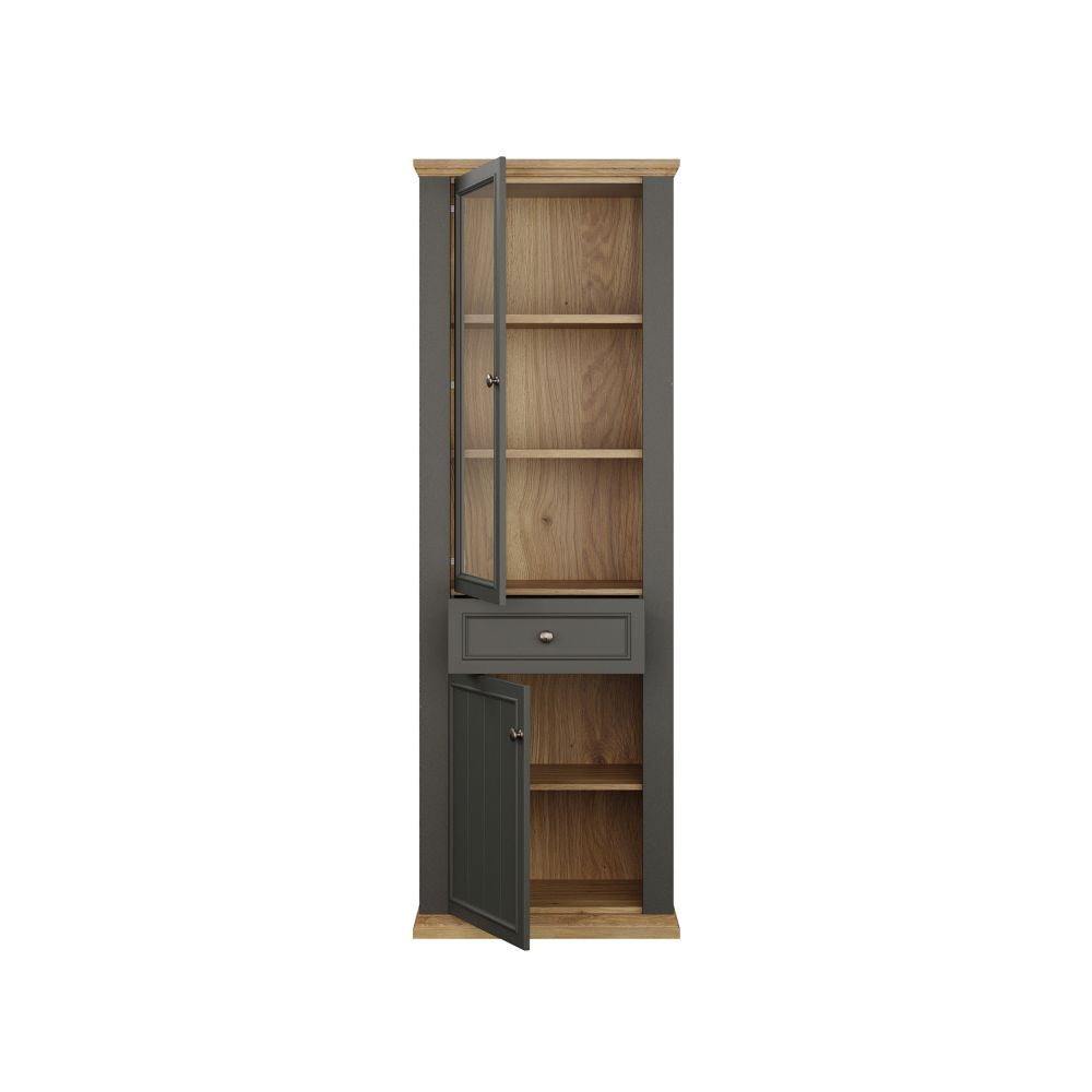 PNTV711-Q243 VITRINE DUNKELGRAU UND EICHE MIT 2 TÜREN UND EINER SCHUBLADE