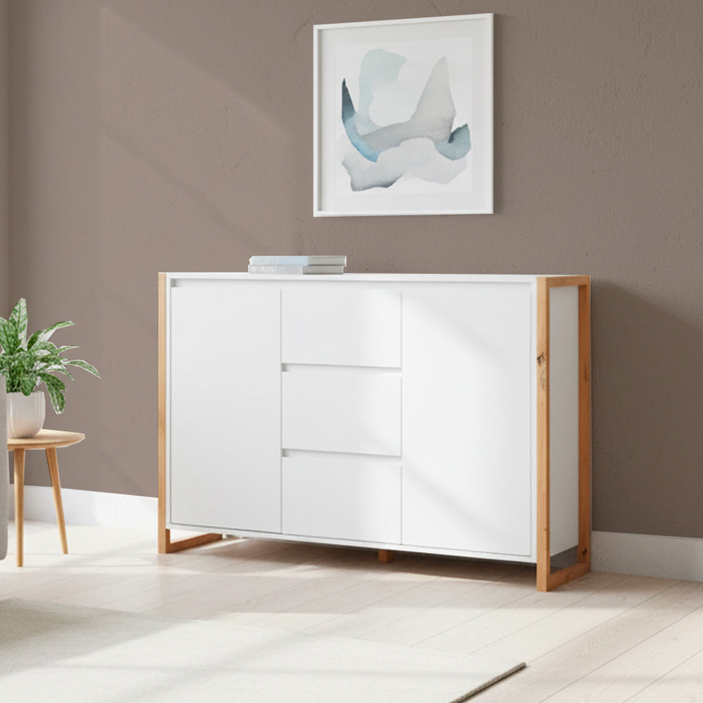 Credenza con 3 cassetti e 2 ante bianco e rovere 120x40x88H New Denver2 