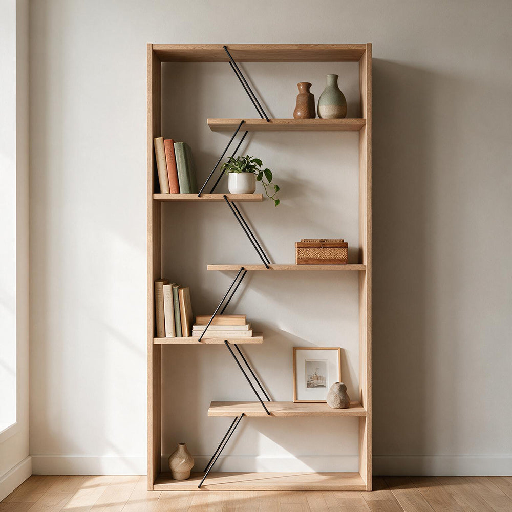 Libreria in legno 84x157h cm con struttura in metallo e ripiani colore rovere - Tars