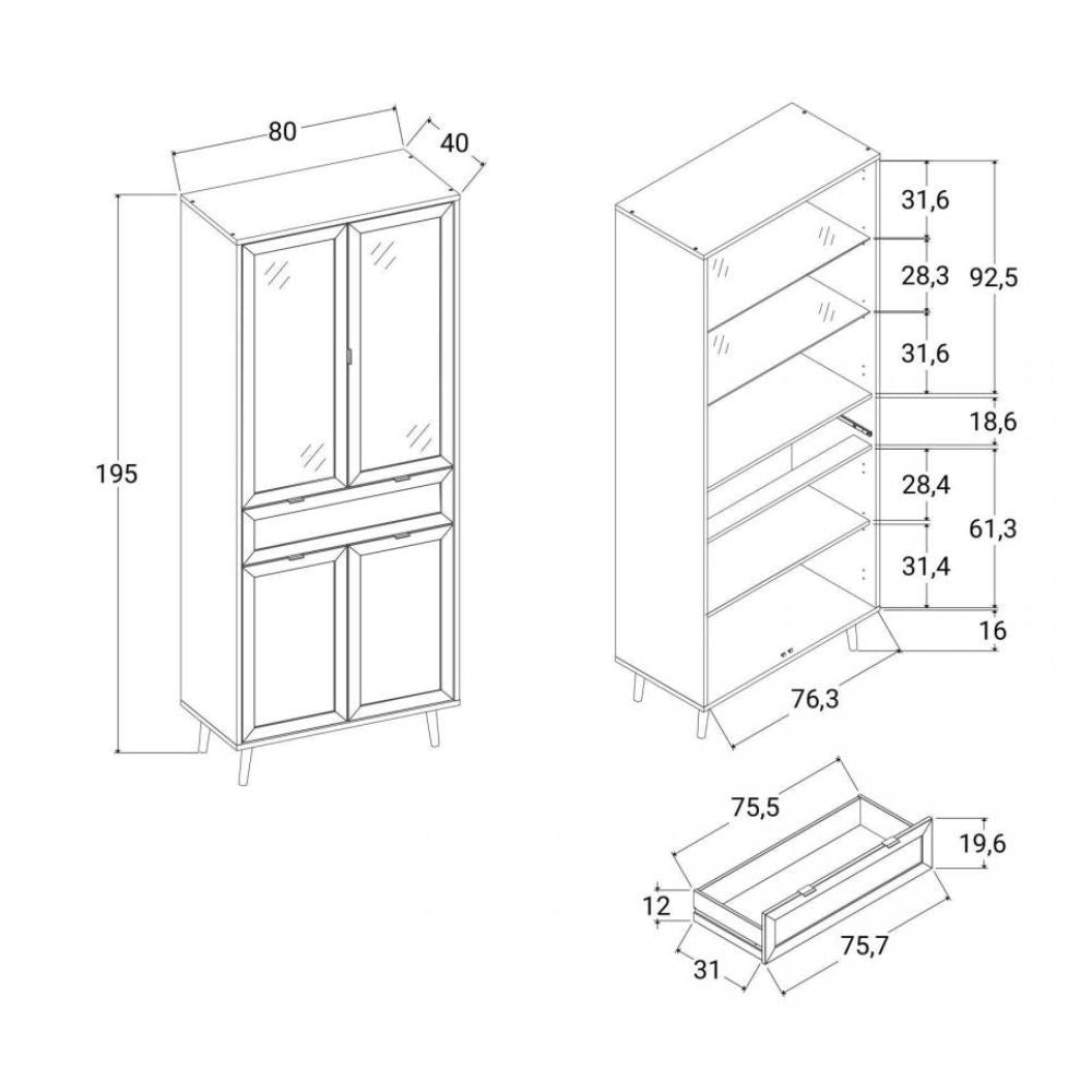 Vitrine 80x195h cm avec 4 portes et tiroir couleur noire avec façades effet cannage - Vienna52A