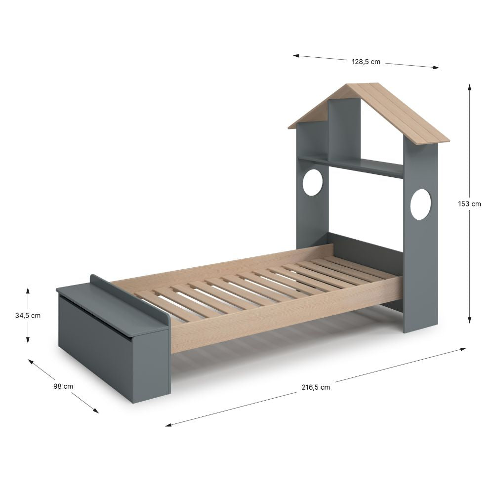 Letto singolo in legno con testiera a casetta e pediera contenitore colore verde cachi e pino - Odessa