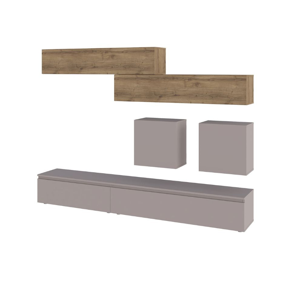 Meuble mural couleur tourterelle et noyer 250x186H cm - Licia
