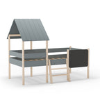Letto singolo rialzato a forma di casetta in legno massiccio colore verde cachi e pino - Minty