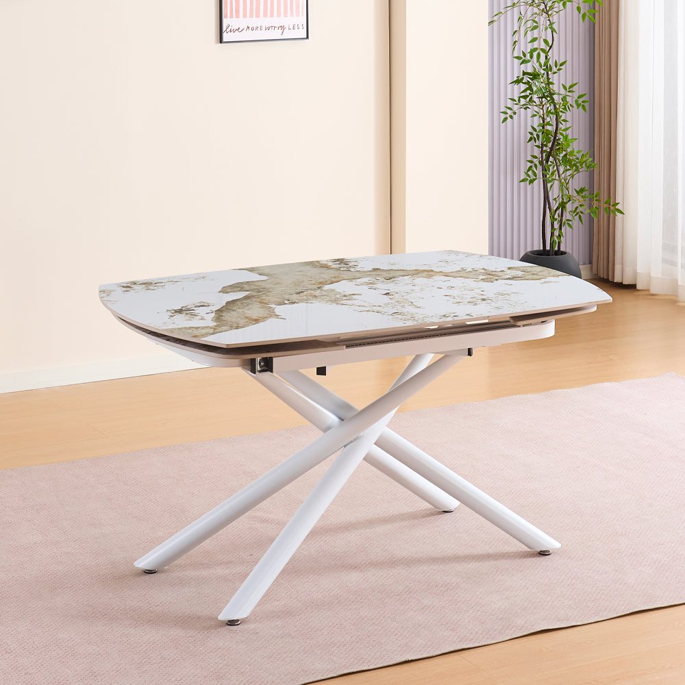 Tavolo allungabile girevole piano ceramica effetto marmo arabesque bianco lucido 140x90x76H Astrid