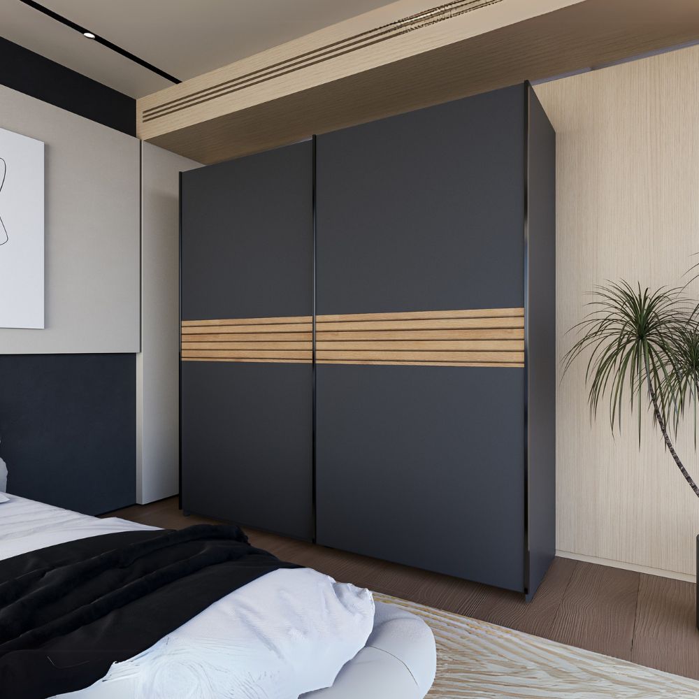 Armadio due ante scorrevoli Metropol colore antracite e inserti rovere - 200x58,1x204,5H