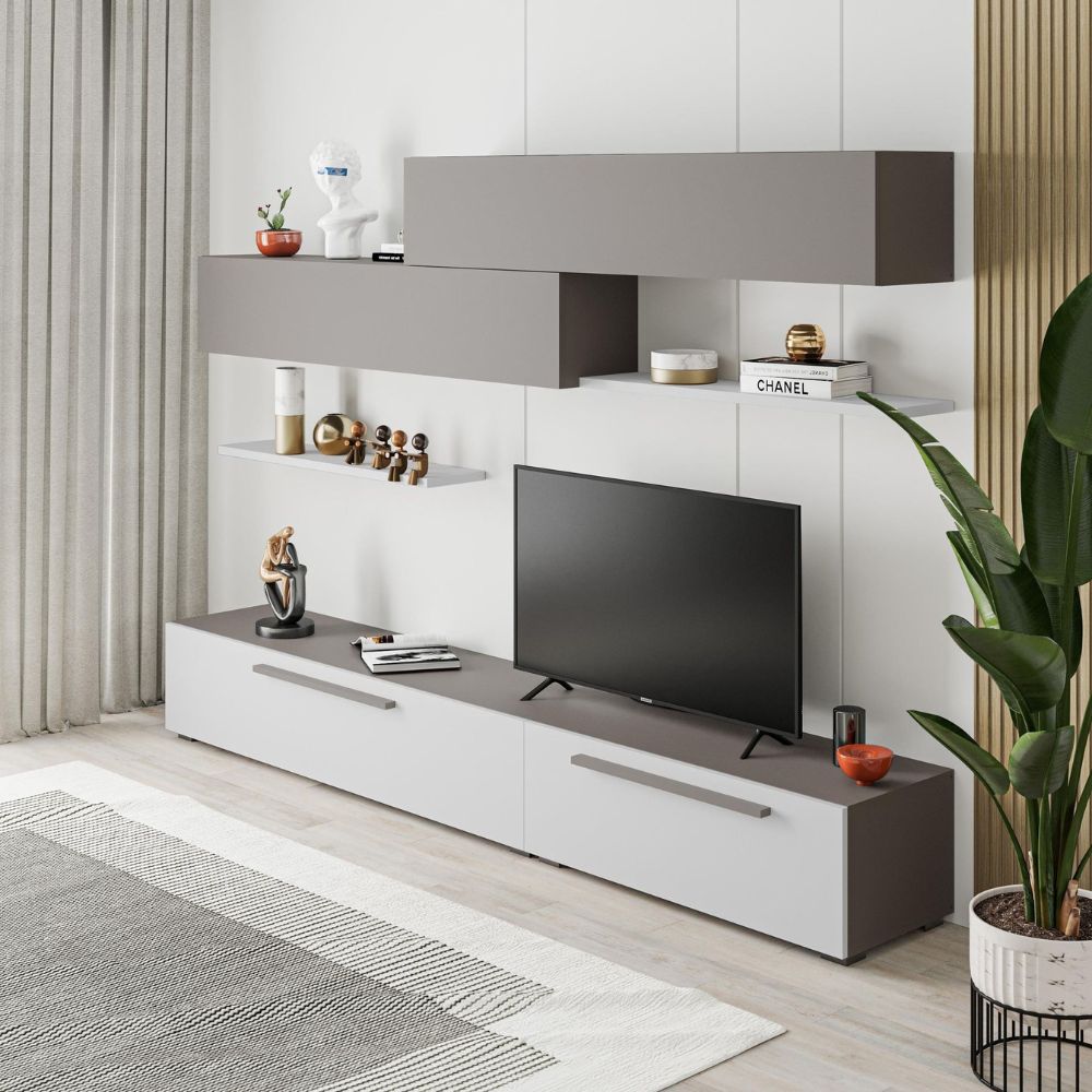 TV-Wohnwand mit Türen und Einlegeböden in Weiß und Light Mocha 260 cm - Mokat