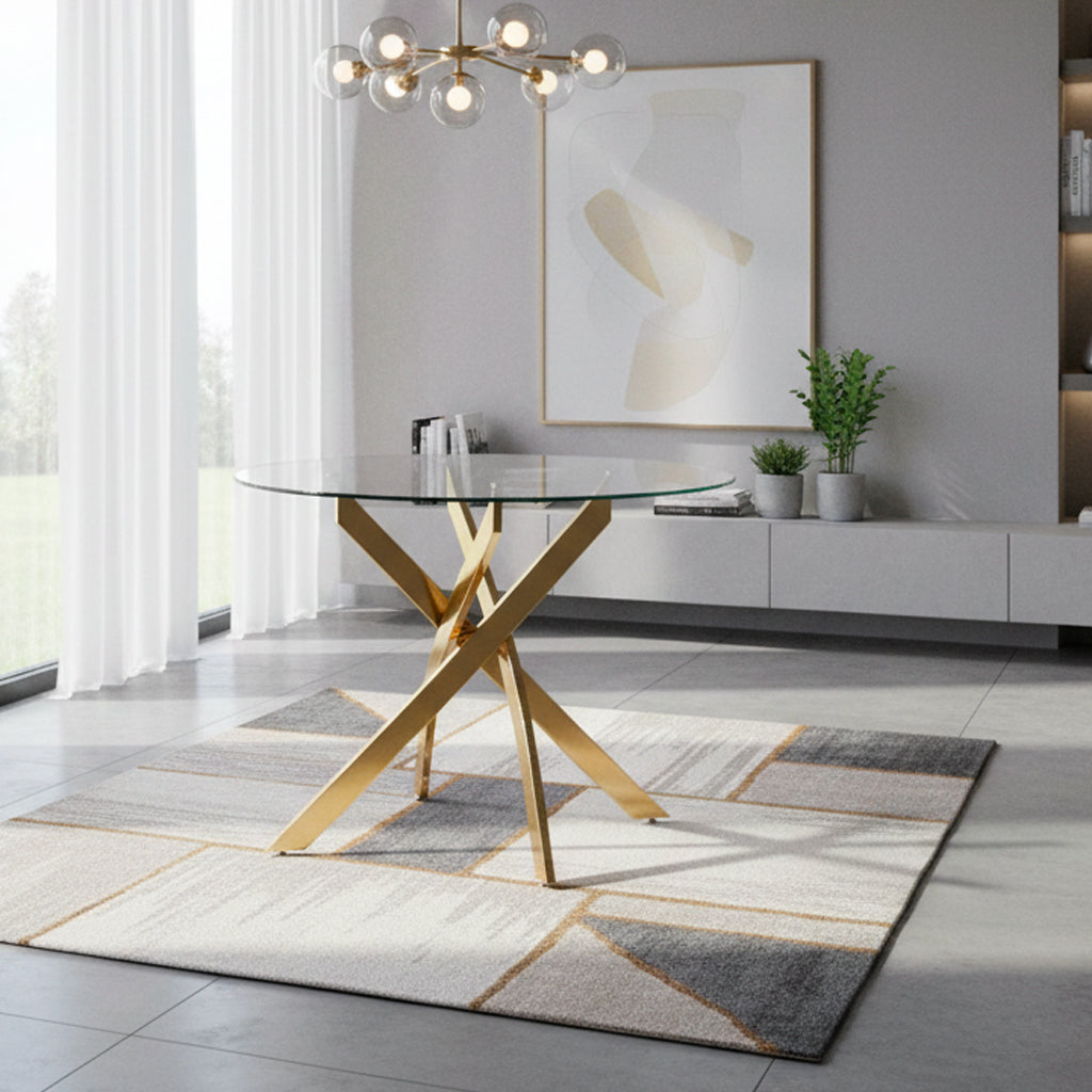 Tavolo rotondo 130x130 cm in vetro temperato con gambe incrociate oro Peyton