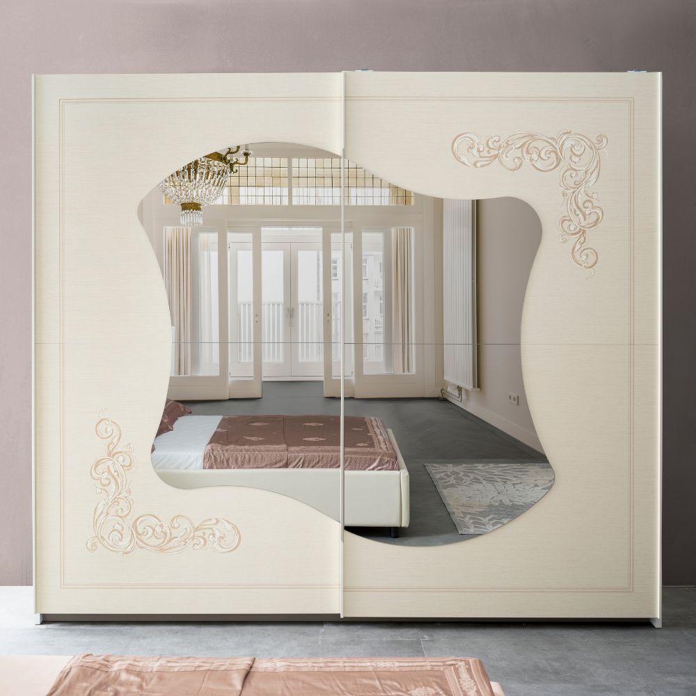 Camera da letto beige con armadio scorrevole serigrafato Marsida