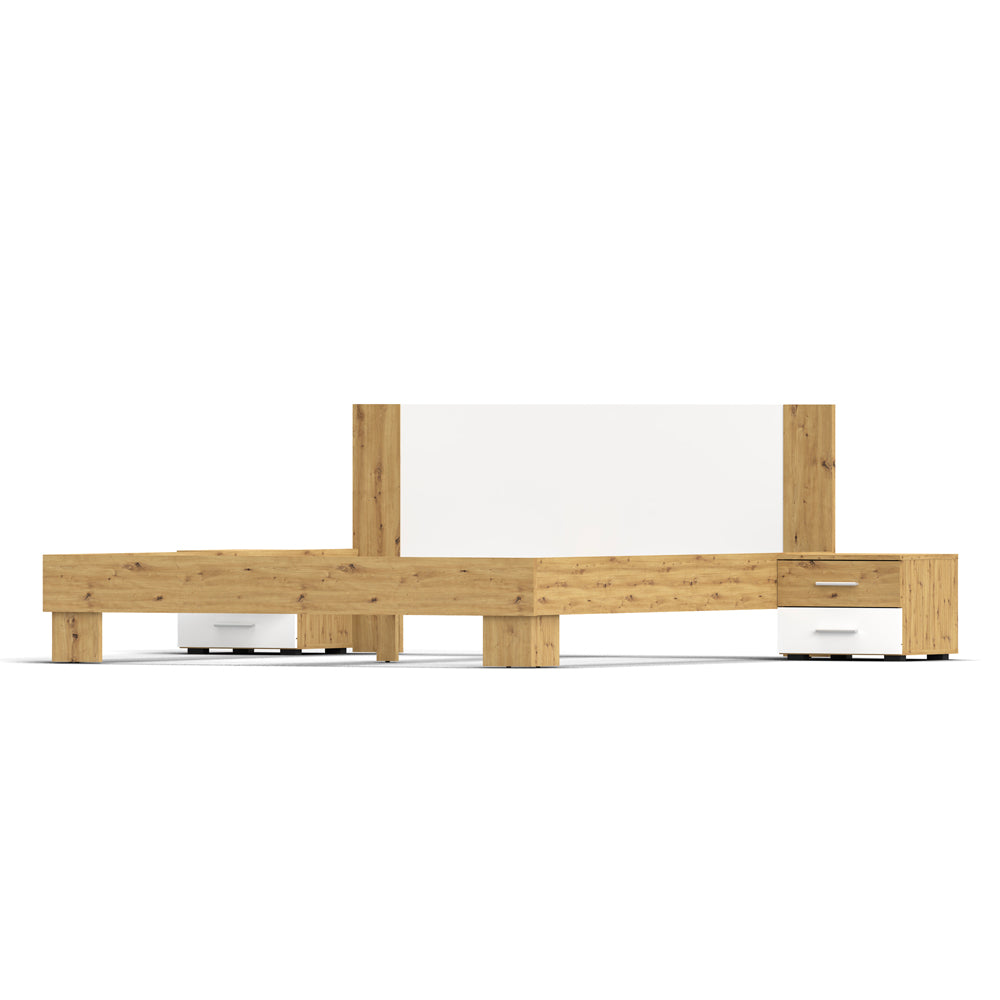 Letto matrimoniale 180x200 con comodini integrati bianco e rovere Meria