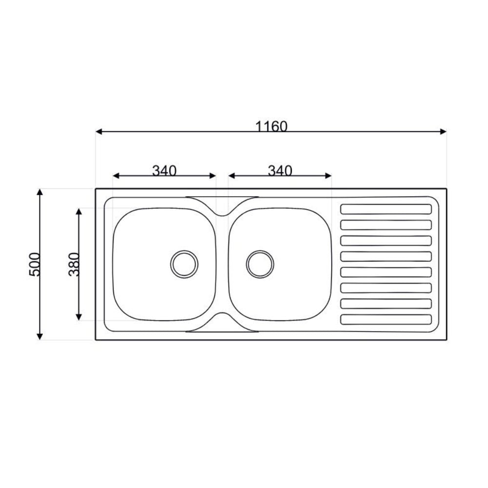 Lavello a due vasche in acciaio inox con gocciolatoio destro 116x50 cm - SA138