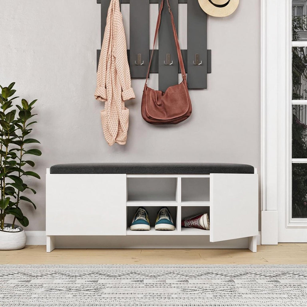 Schuhbank mit Türen und Kissen 110x40H cm weiß - Zulla