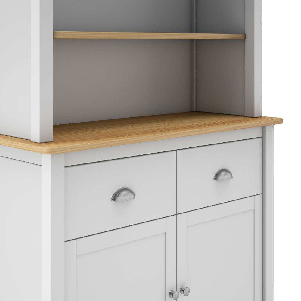 Credenza in legno massiccio con vetrina ante e cassetti colore bianco e rovere 90x40x180H cm - Herti