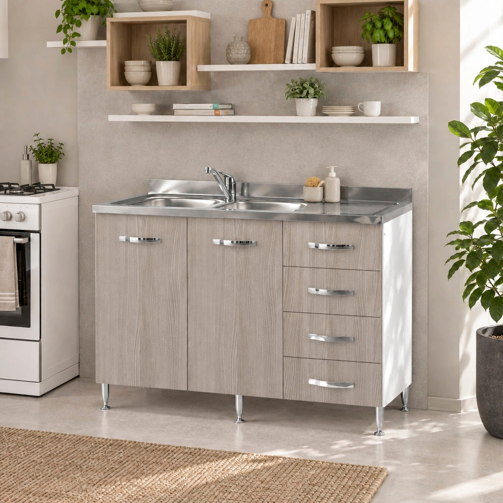 Mobile sottolavello con cassettiera destra e lavello incluso colore olmo 120 cm
