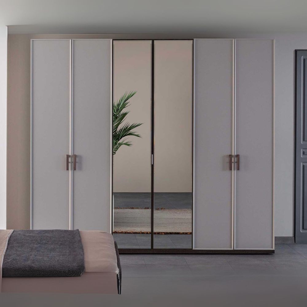 Camera da letto con armadio 6 ante e letto contenitore colore noce mozambik spatolato - Merlin