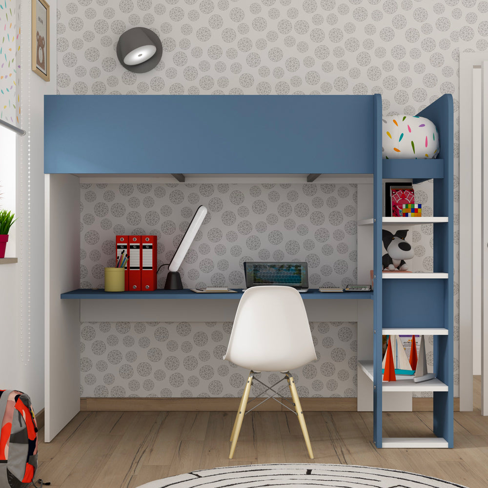 Cameretta con letto a soppalco e scrivania sottostante colore bianco e azzurro