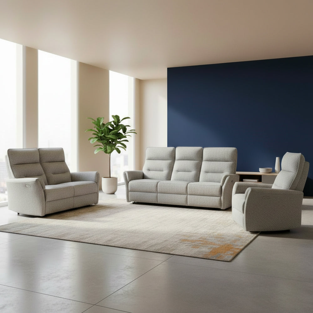 Set Divano 2 Posti + Divano 3 Posti + Poltrona Recliner Elettrica in Tessuto Grigio Softwave