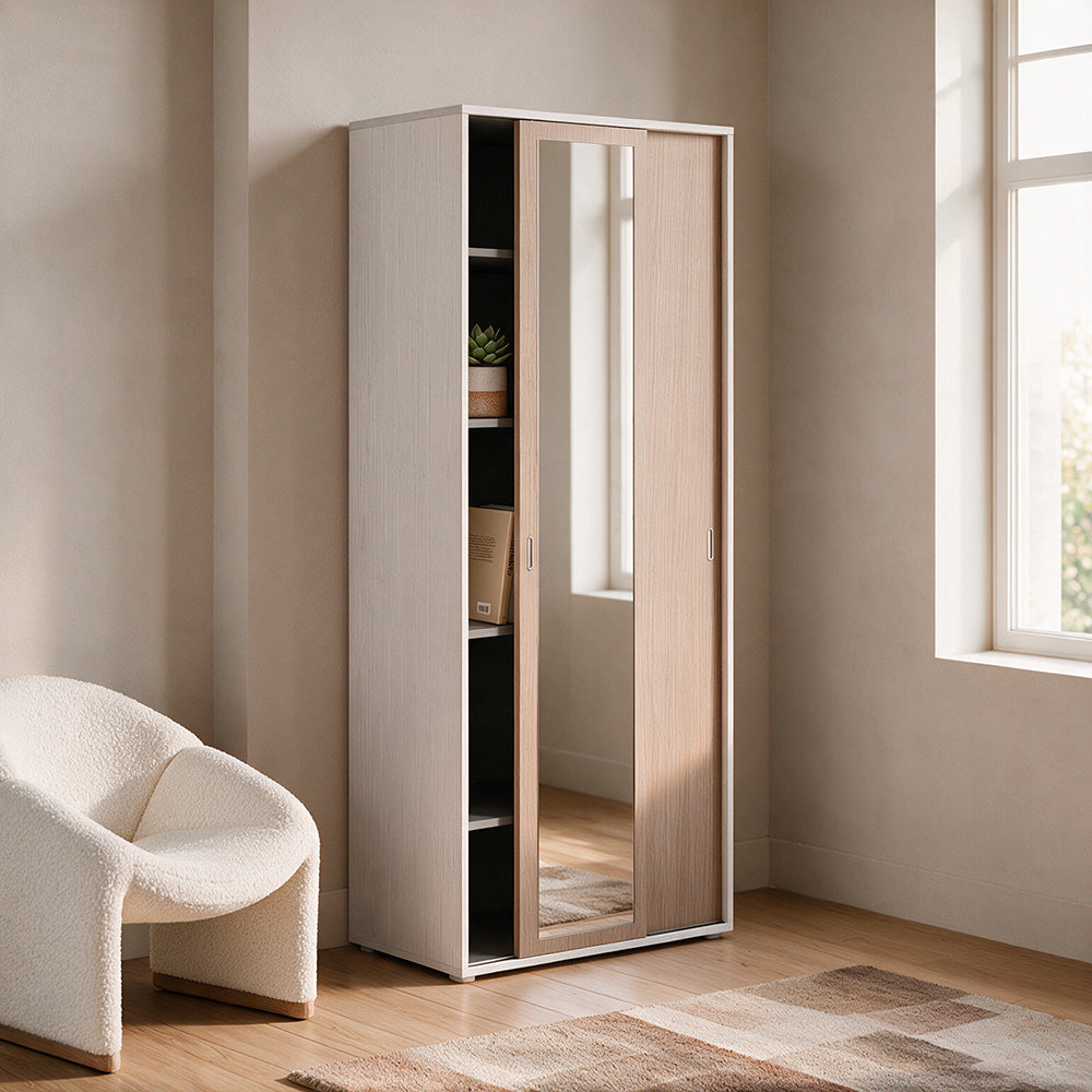 Zweitüriger Schiebetürenschrank mit Spiegel und Einlegeböden, Esche weiß und Ulme, 90x212H cm