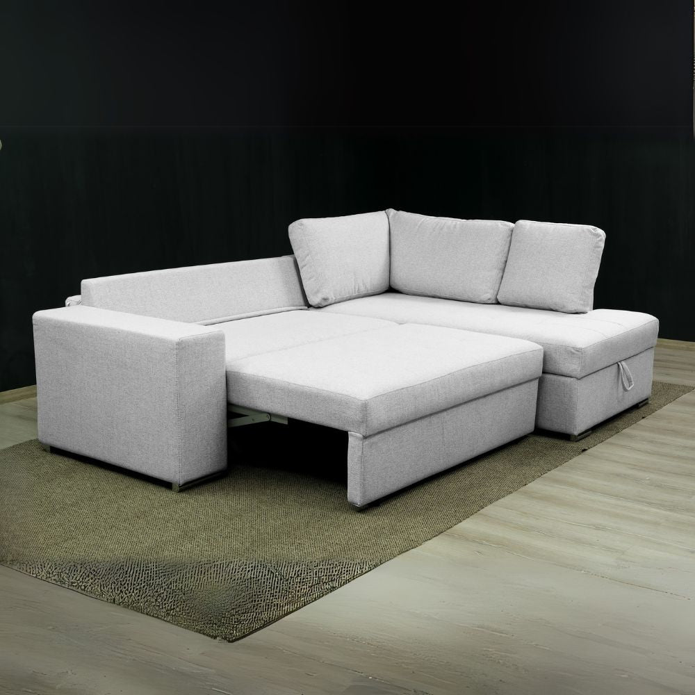 Divano letto angolare con penisola contenitore in tessuto grigio chiaro 248x176x92H Bali