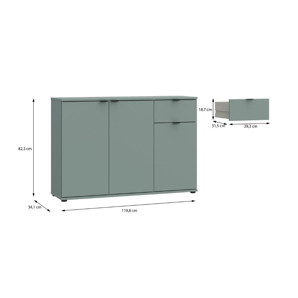 GNMK231L-U59 MEHRZWECK-ROLLCONTAINER SAGEGRÜN MIT DREI TÜREN + 1 SCHUBLADE B120CM