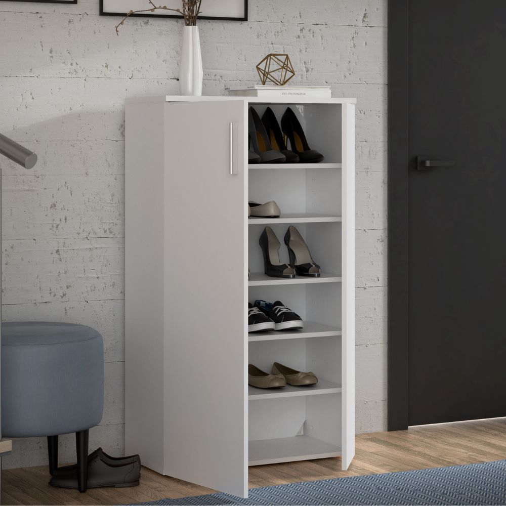 Meuble à chaussures polyvalent à 2 portes et 5 étagères couleur blanche 69x34x120H Lucio