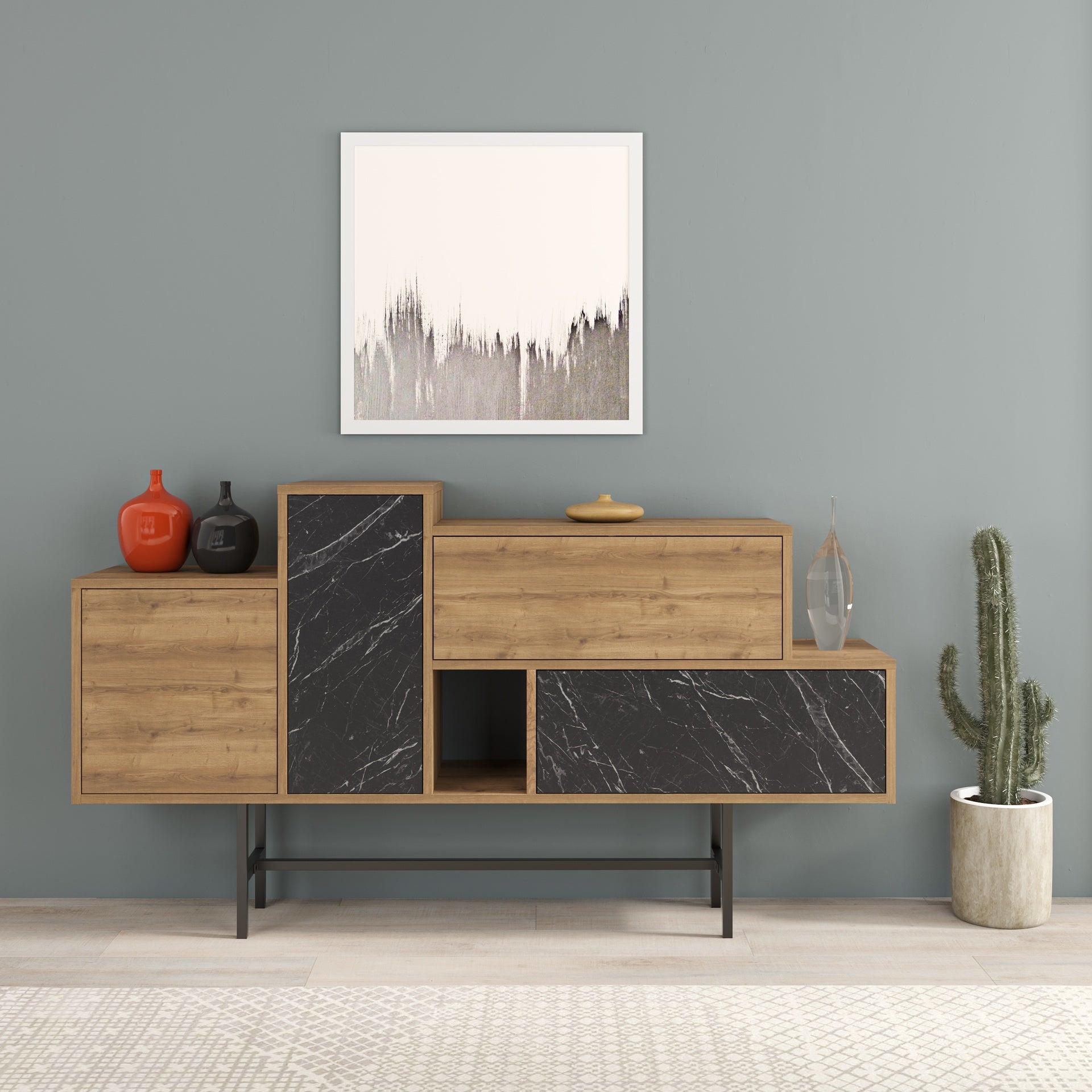 Madia con ante color legno e cassetti effetto marmo nero 160 cm - Hermes