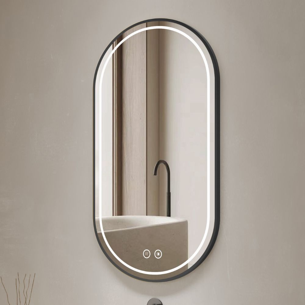 Specchio smart ovale anti-appannamento YJ-2004BL 90x60 con cornice nera in acciaio inox satinato