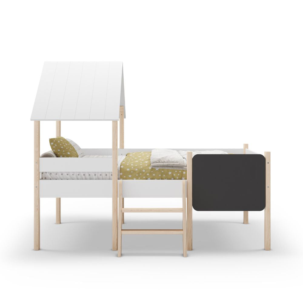 Letto singolo rialzato a forma di casetta in legno massiccio colore bianco e pino - Minty
