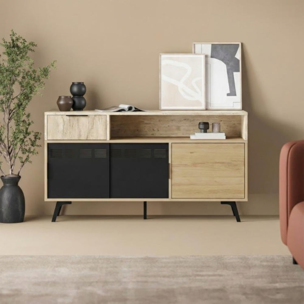 Madia con ante scorrevoli in metallo e cassetto rovere e travertino L 140 cm Lulia