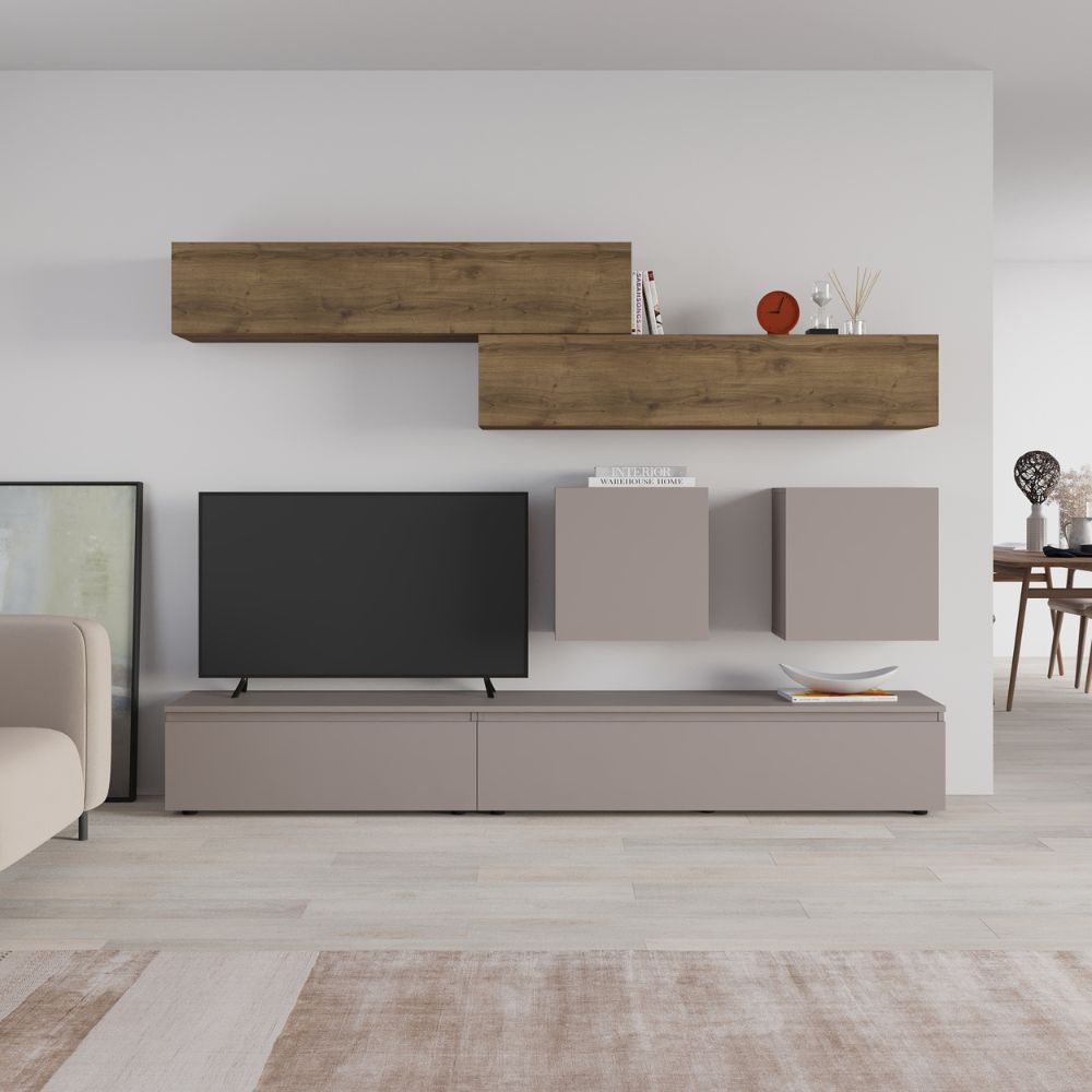 Meuble mural couleur tourterelle et noyer 250x186H cm - Licia