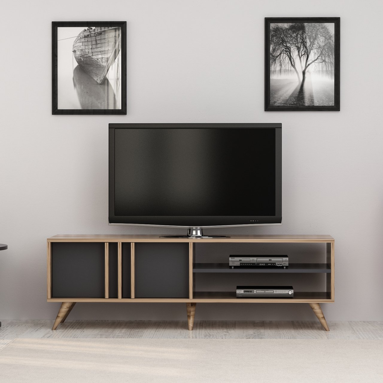 Mobile Porta Tv 150 cm in legno con ante e ripiano colore noce e antracite - Rilla