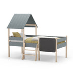 Letto singolo rialzato a forma di casetta in legno massiccio colore verde cachi e pino - Minty
