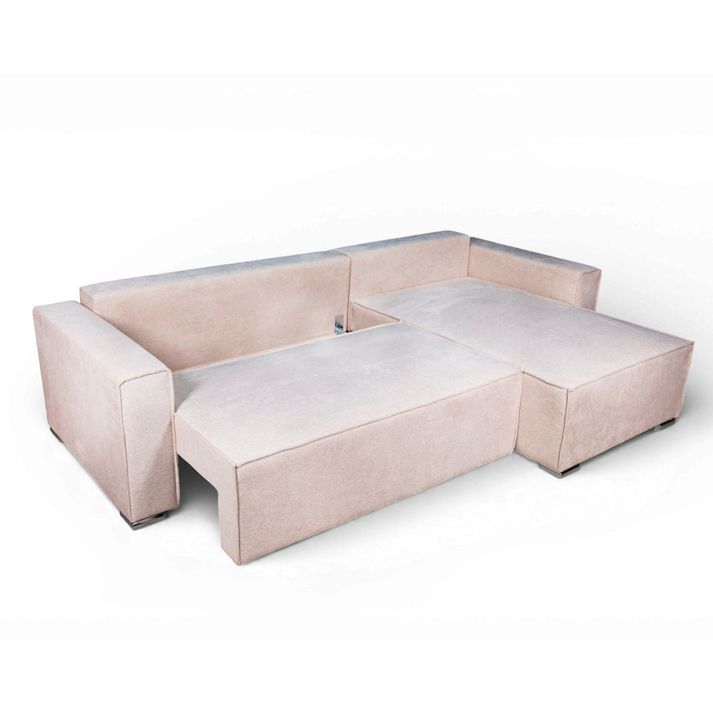 Divano angolare beige con letto Easy Open, contenitore e penisola reversibile Emily