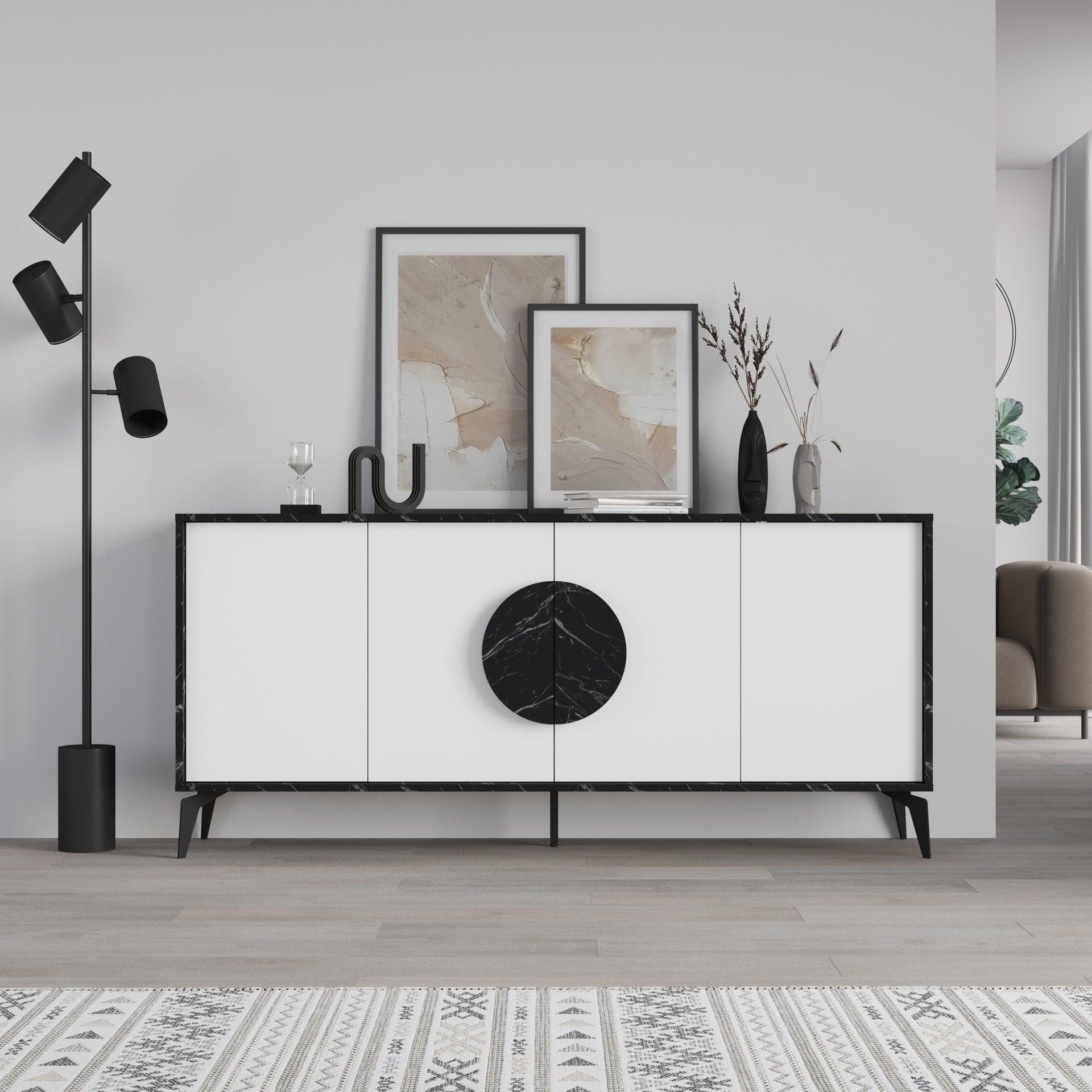 Madia 4 ante effetto marmo colore bianco e nero 180x35,6x82 Gora180