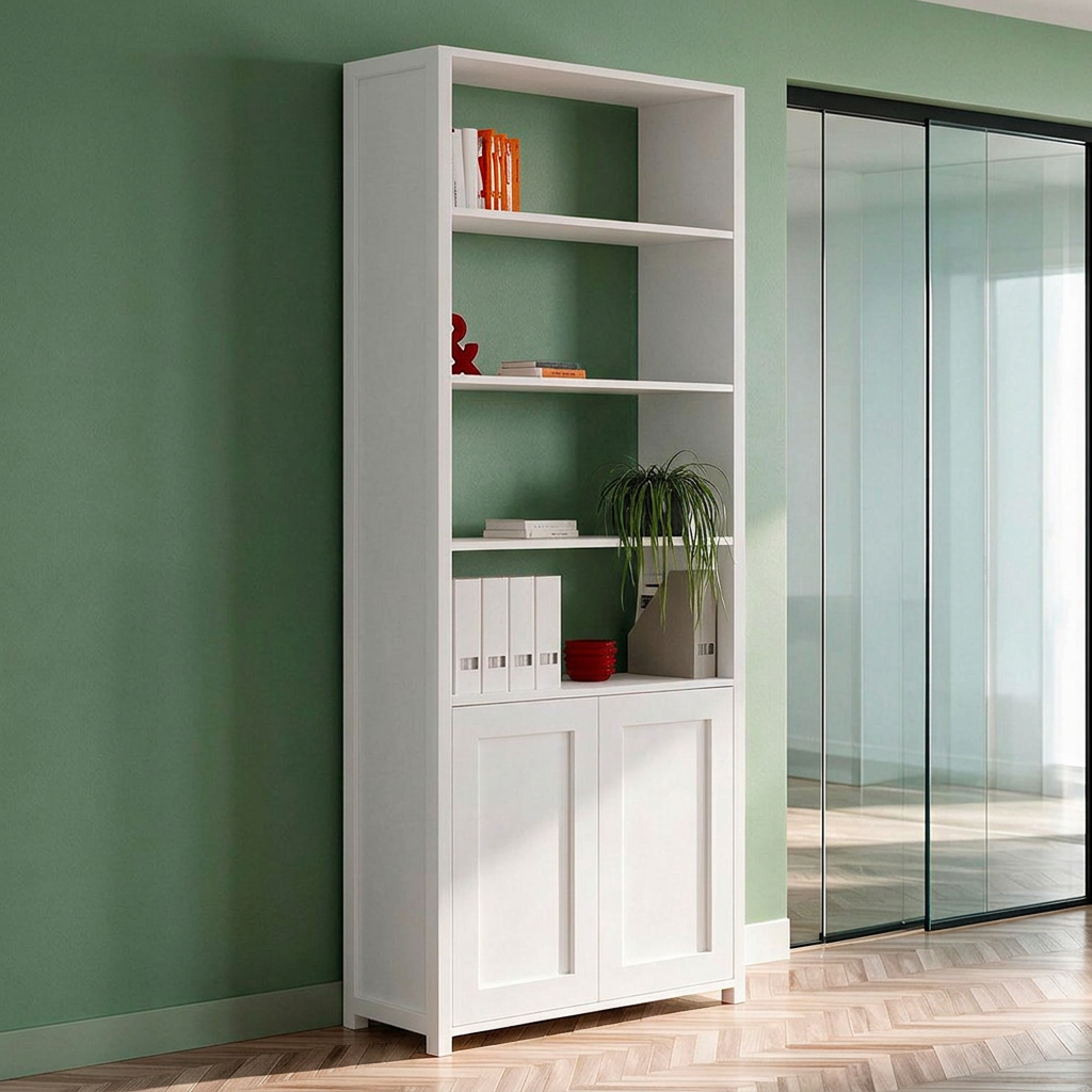 Libreria con 2 ante e 4 vani a giorno colore bianco 98.7x35.2x230H Miraflor