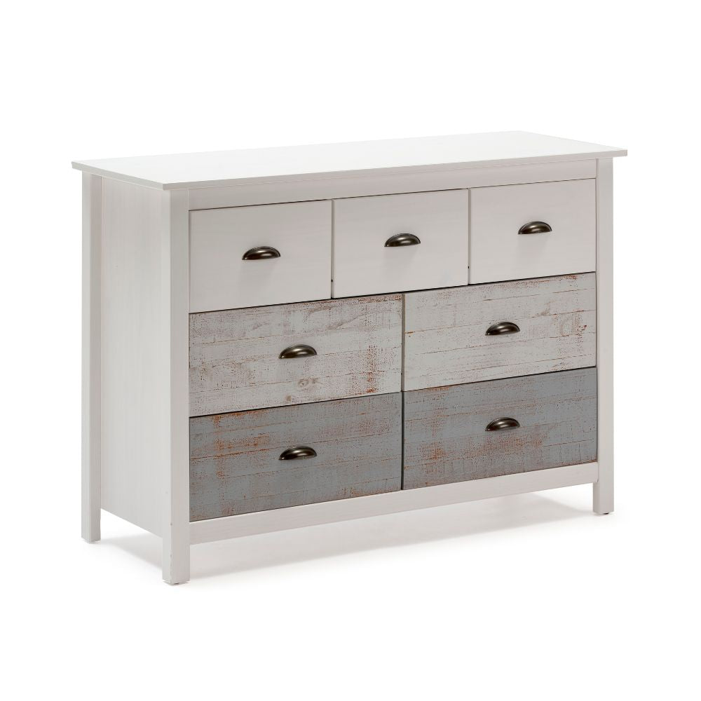 Commode en bois massif avec 7 tiroirs blanc et gris 110x40x80H cm - Romantica