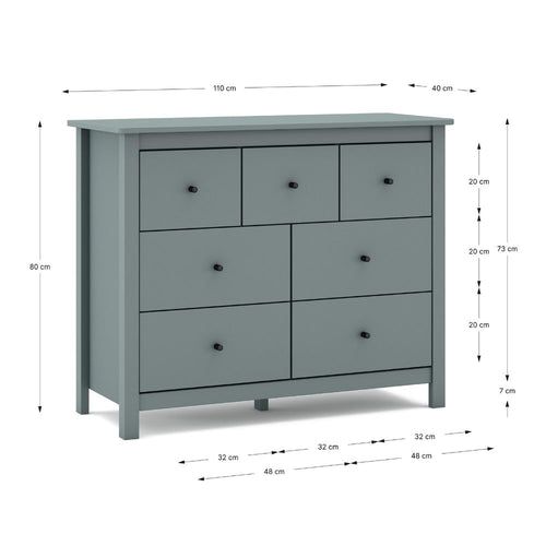 Cassettiera in legno massiccio con 7 cassetti colore verde cachi 110x40x80H cm - Missy