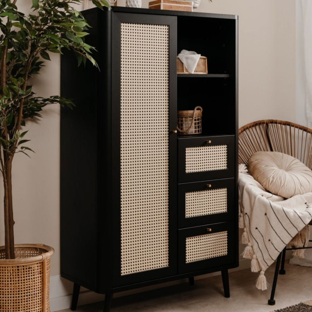 Anrichte 180x141h cm mit 3 Schubladen und Türen in Bastoptik, schwarz - KUTA53